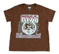 A brown short-sleeve KISS 'North American Tour' graphic t-shirt . The shirt features the band's logo in pink and white above a circular graphic, with 'North American Tour' printed below in pink and white.