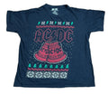 A navy blue AC/DC graphic t-shirt featuring a Christmas-themed design with a red fuzzy hat, green pine trees, and snowflake patterns, 