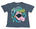 A dark gray graphic t-shirt featuring the 'The Stones' 'Love Is Rolling Shit' tongue-and-lips design, 