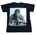 A black graphic t-shirt featuring a photo of Tupac Shakur and the text 'Poetic Justice' in white, 