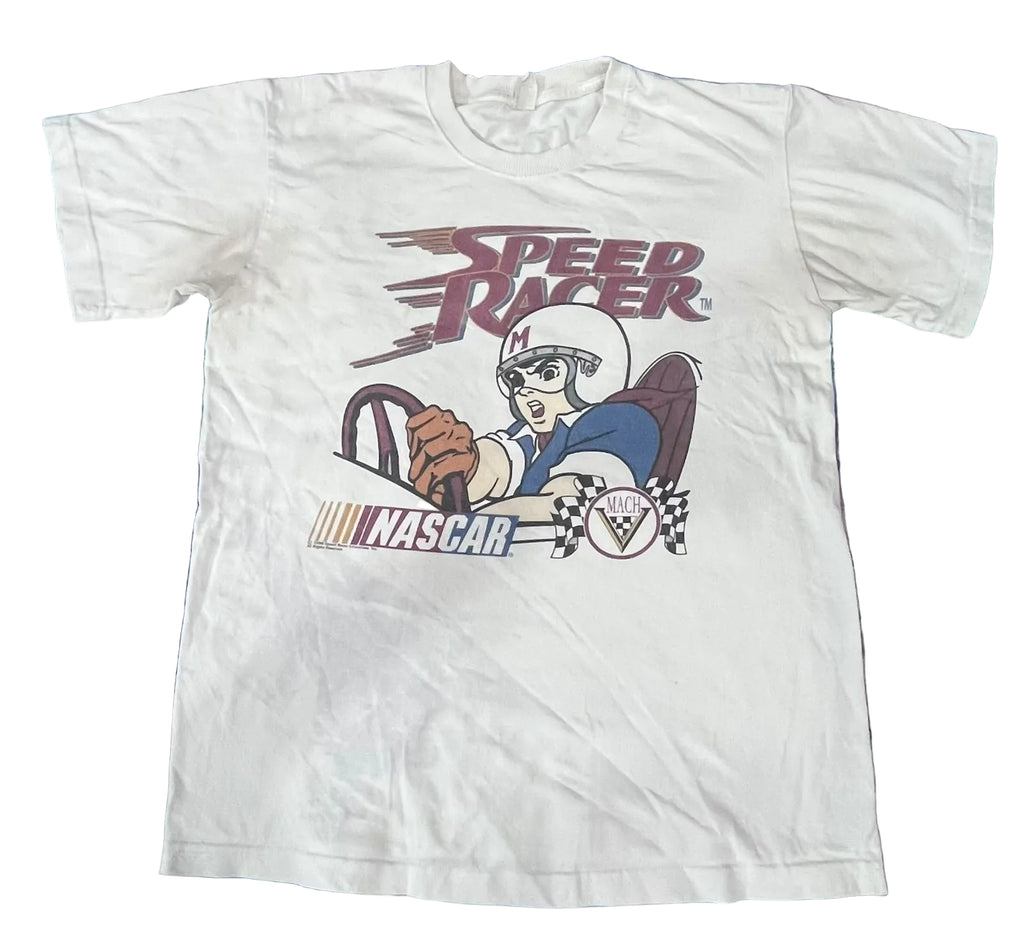 A white short-sleeve graphic T-shirt  The shirt features a 'Speed Racer' NASCAR graphic with a cartoon driver in a helmet and the NASCAR logo.