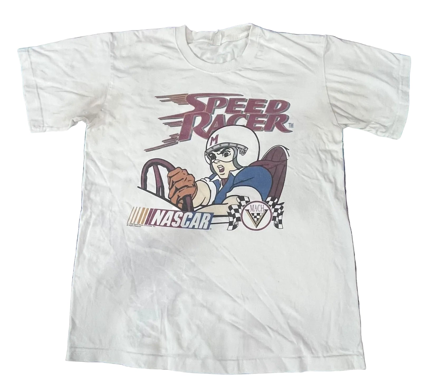 A white short-sleeve graphic T-shirt  The shirt features a 'Speed Racer' NASCAR graphic with a cartoon driver in a helmet and the NASCAR logo.