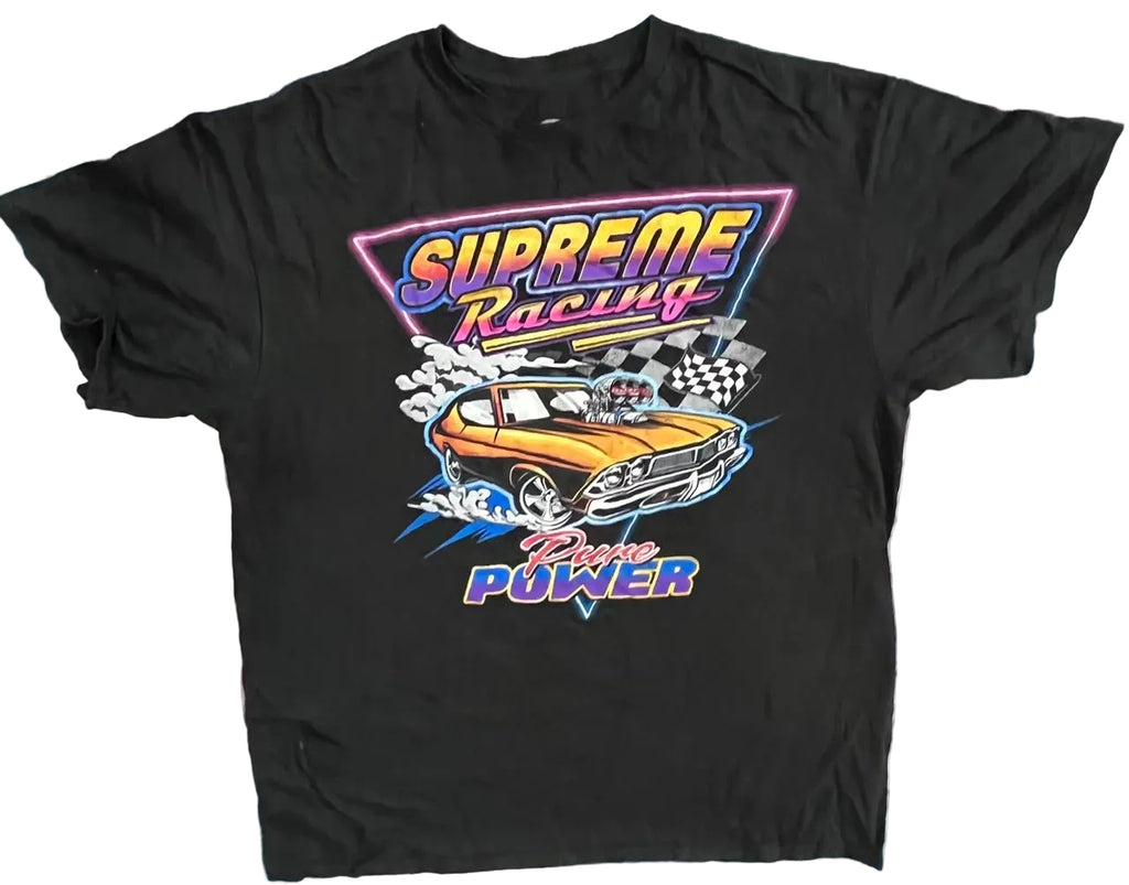 A black short-sleeve graphic t-shirt featuring a colorful retro racing design with the text 'Supreme Racing' and 'Race Power' 