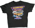 A black short-sleeve graphic t-shirt featuring a colorful retro racing design with the text 'Supreme Racing' and 'Race Power' 