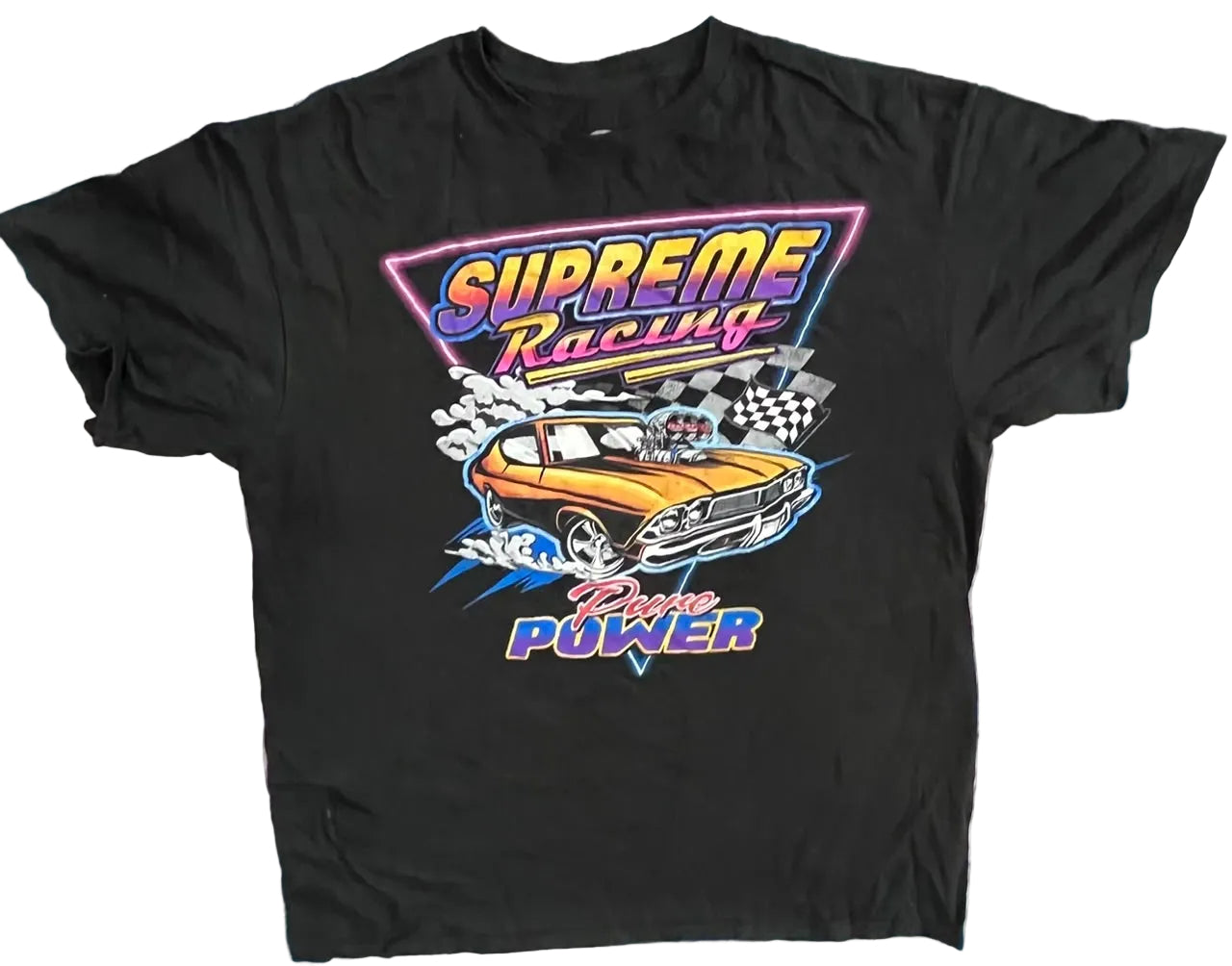 A black short-sleeve graphic t-shirt featuring a colorful retro racing design with the text 'Supreme Racing' and 'Race Power' 