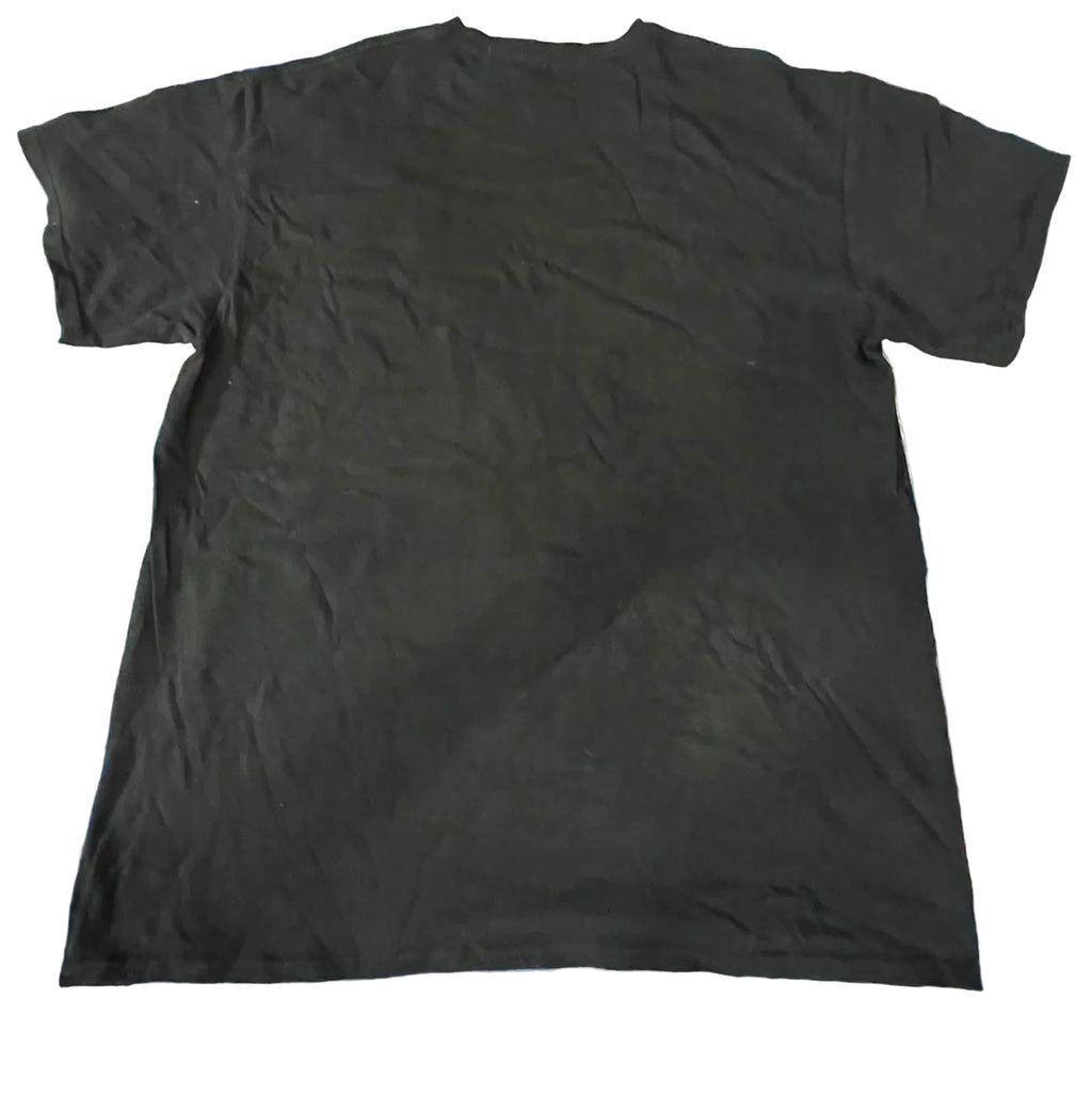 A plain black short-sleeve t-shirt ON THE WHITE BACKGROUND 