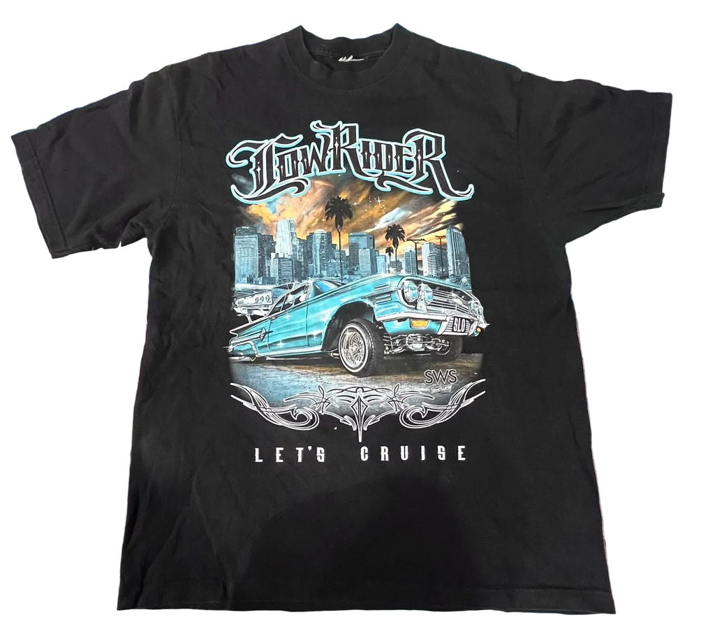 A black short-sleeve graphic t-shirt featuring a vintage light blue convertible car and the text 'Town Rider' and 'LET'S CRUISE',