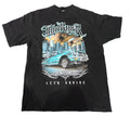 A black short-sleeve graphic t-shirt featuring a vintage light blue convertible car and the text 'Town Rider' and 'LET'S CRUISE',