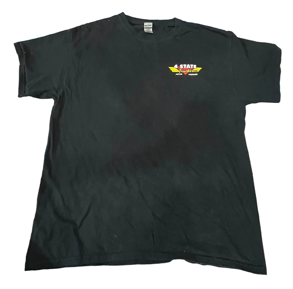 A black short-sleeve t-shirt with a small '4 STATE CHAMPIONS' graphic on the left chest,