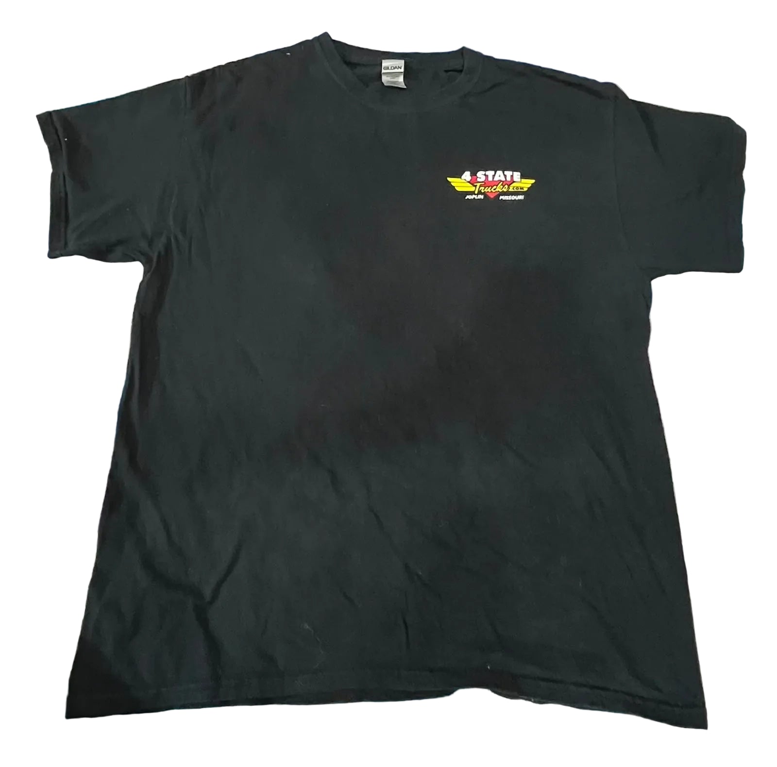 A black short-sleeve t-shirt with a small '4 STATE CHAMPIONS' graphic on the left chest,