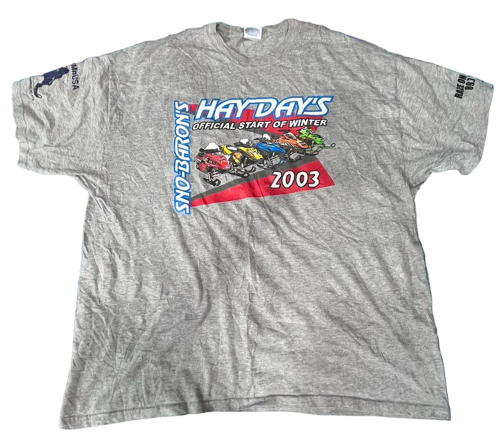 A heather gray vintage graphic t-shirt featuring 'Hay-Days 2003' snowmobile racing, 