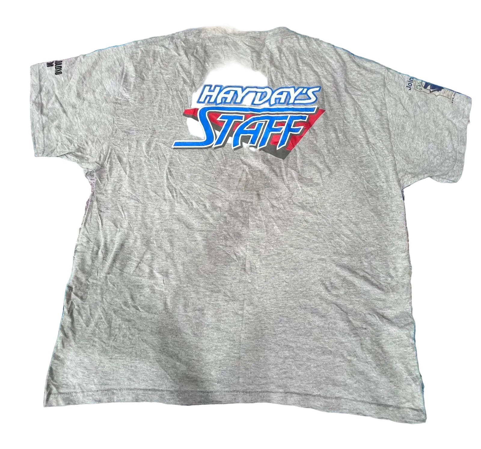 A heather gray short-sleeve t-shirt The shirt features a graphic on the chest that reads 'HAYDAY'S STAFF' in blue and red stylized lettering.
