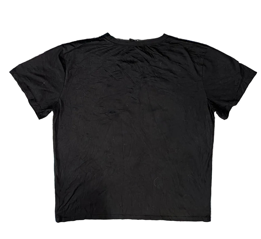 A black short-sleeve crewneck t-shirt ON THE WHITE BACKGROUND 
