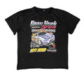 A black short-sleeve graphic t-shirtThe shirt features a 'New York Left Coast' race graphic with a blue and white sports car, flames, and yellow text reading '911 FAST MIND'.