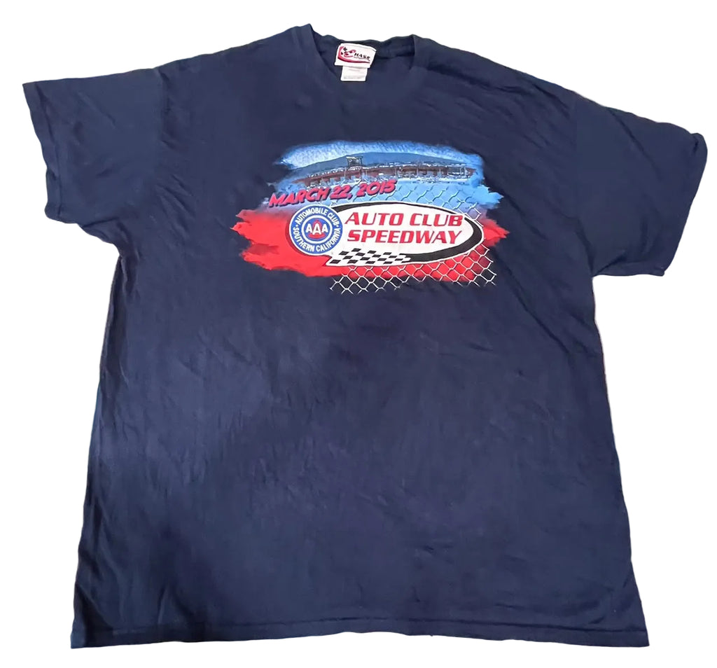 A navy blue short-sleeve t-shirt. The shirt features a colorful graphic on the chest with 'Talladega 200' and 'Auto Club Speedway' text over a red, white, and blue paint-stroke design.