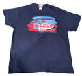 A navy blue short-sleeve t-shirt. The shirt features a colorful graphic on the chest with 'Talladega 200' and 'Auto Club Speedway' text over a red, white, and blue paint-stroke design.
