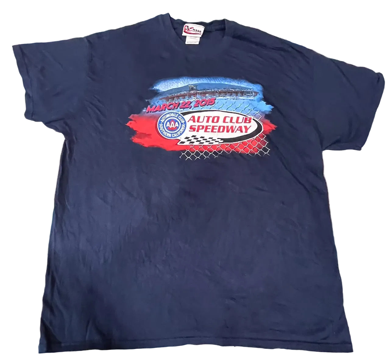 A navy blue short-sleeve t-shirt. The shirt features a colorful graphic on the chest with 'Talladega 200' and 'Auto Club Speedway' text over a red, white, and blue paint-stroke design.
