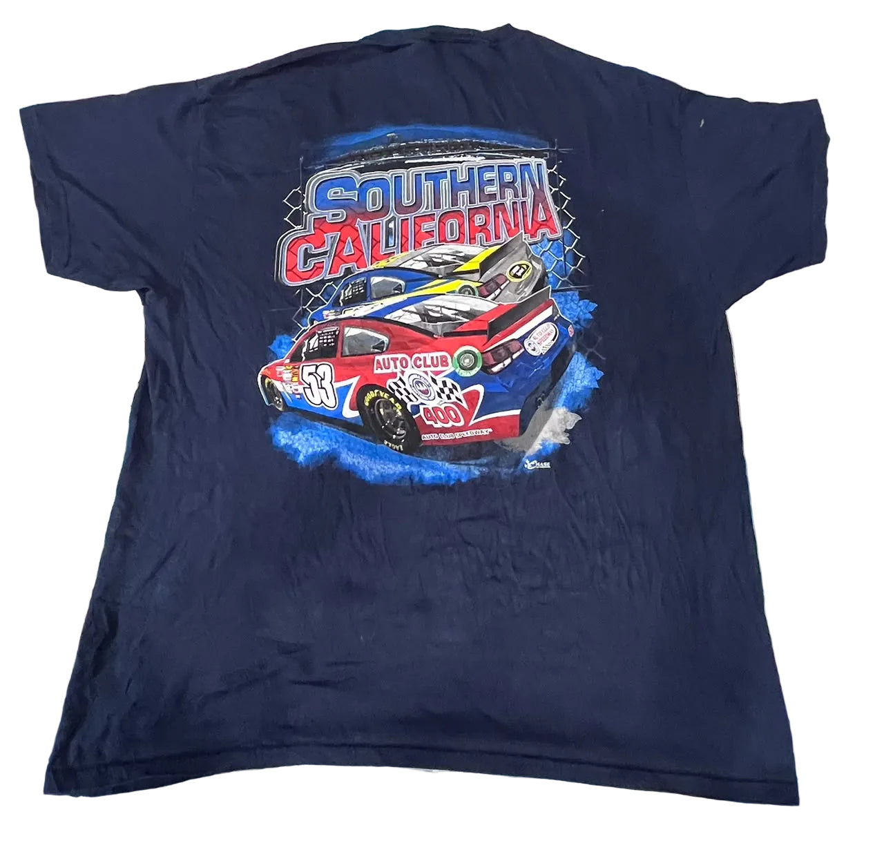 A navy blue short-sleeve graphic t-shirtThe back of the shirt features a large graphic print with the text 'Southern California' and a red, white, and blue race car.