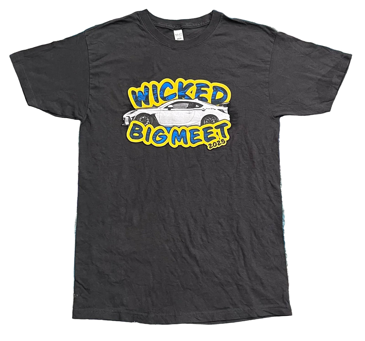 A black short-sleeve graphic t-shirt .The graphic features the words 'WICKED BIG MEET 600%' in a bold yellow font with a white sports car illustration in the center.