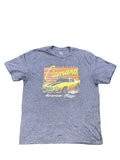 A heather blue graphic t-shirt featuring a yellow classic Camaro car and retro-style text, 