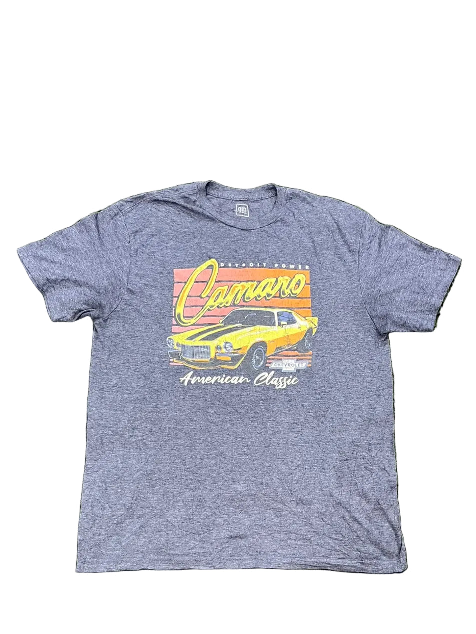 A heather blue graphic t-shirt featuring a yellow classic Camaro car and retro-style text, 