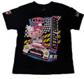 A black short-sleeve graphic T-shirt . The shirt features a large Hello Kitty racing design on the front with a pink character in a race car, checkered flags, and vertical 'HELLO KITTY' text.