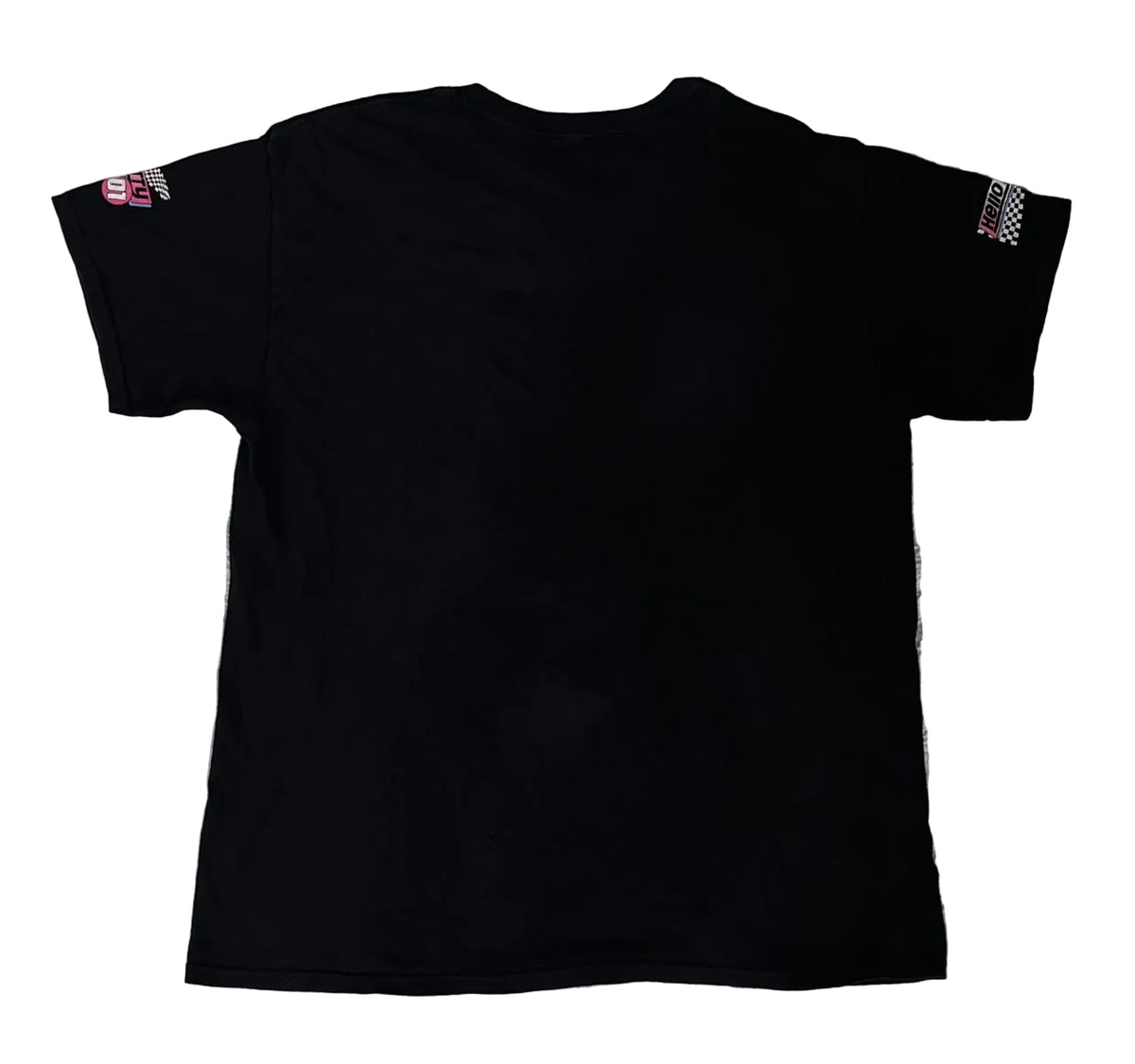 A black short-sleeve t-shirt, showing the back side with small graphic patches on both sleeves.