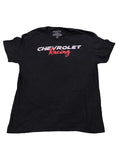 A black short-sleeve t-shirt with 'CHEVROLET Racing' printed across the chest in white and red