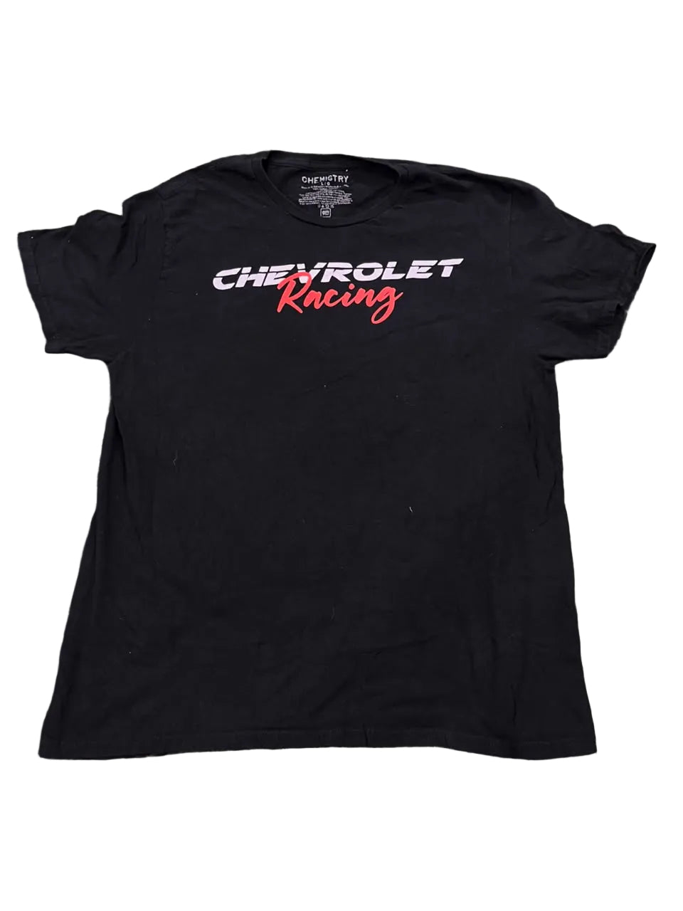 A black short-sleeve t-shirt with 'CHEVROLET Racing' printed across the chest in white and red