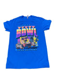 A bright blue short-sleeve t-shirt lThe shirt features a large, colorful graphic on the front for the '2024 TVY BOWL' in Tulsa, Oklahoma, with illustrations of racing cars and a character.