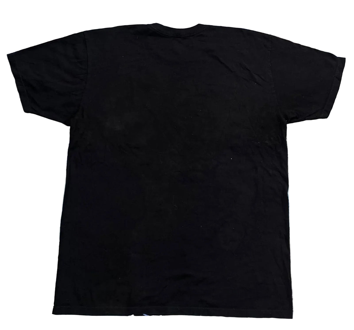 A plain black short-sleeve t-shirt ON THE WHITE BACKGROUND 