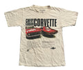 A vintage cream-colored short-sleeve t-shirt featuring a graphic print of a red Chevrolet Camaro and Corvette with black text,
