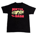 A black short-sleeve graphic t-shirt. The graphic features a yellow car with the text 'MISTER DO THE DASH' in bright pink.