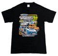 A black short-sleeve graphic t-shirt. The shirt features a large graphic print for 'Evergreen Speedway' featuring race cars, including a blue car with the number 22 and an orange car with the number 80.