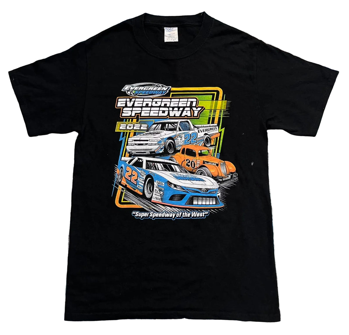 A black short-sleeve graphic t-shirt. The shirt features a large graphic print for 'Evergreen Speedway' featuring race cars, including a blue car with the number 22 and an orange car with the number 80.