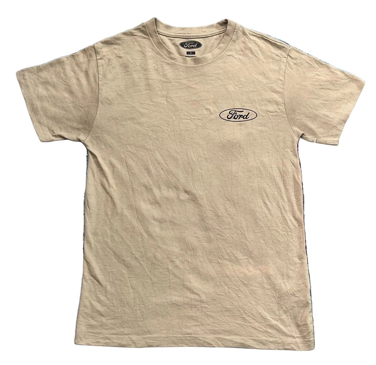 A beige short-sleeve t-shirt with a small black Ford logo on the left chest,