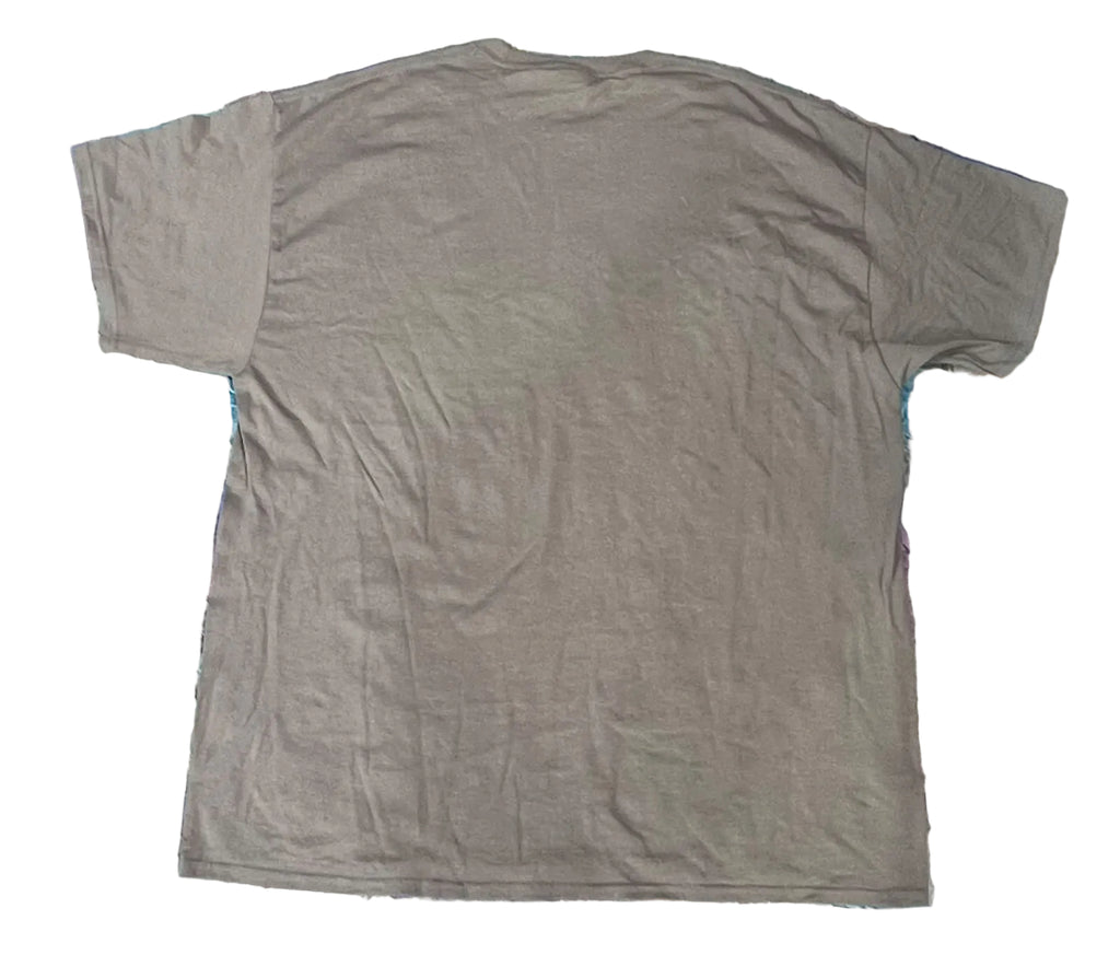 A plain short-sleeve crewneck t-shirt in a muted taupe-gray color, 