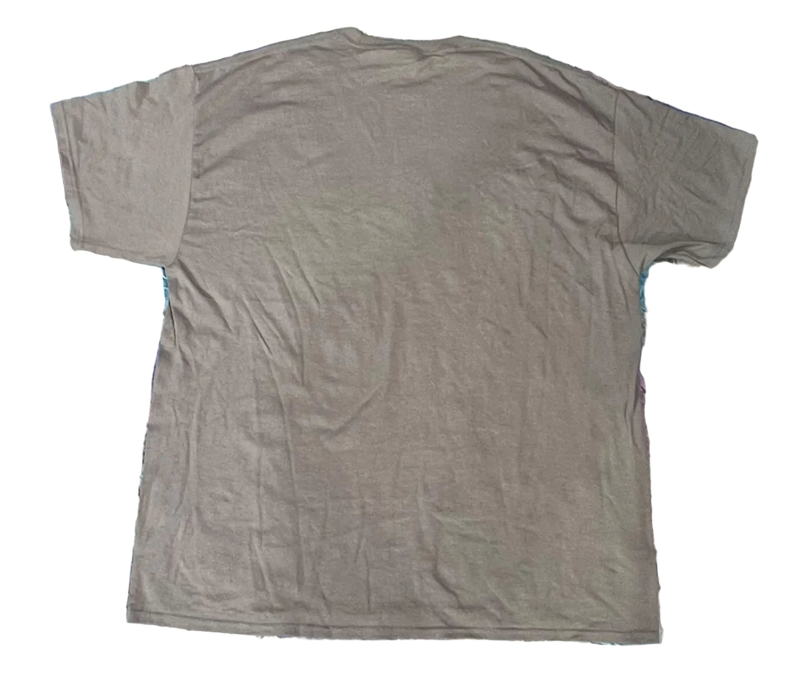 A plain short-sleeve crewneck t-shirt in a muted taupe-gray color, 