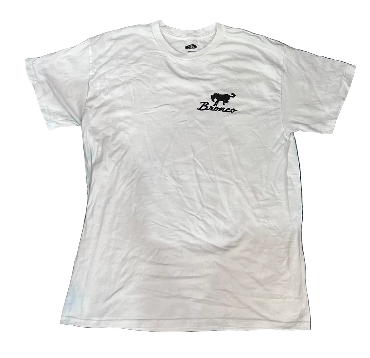 A white short-sleeve t-shirt with a black graphic of a horse and the word 'Bronco' on the left chest, 