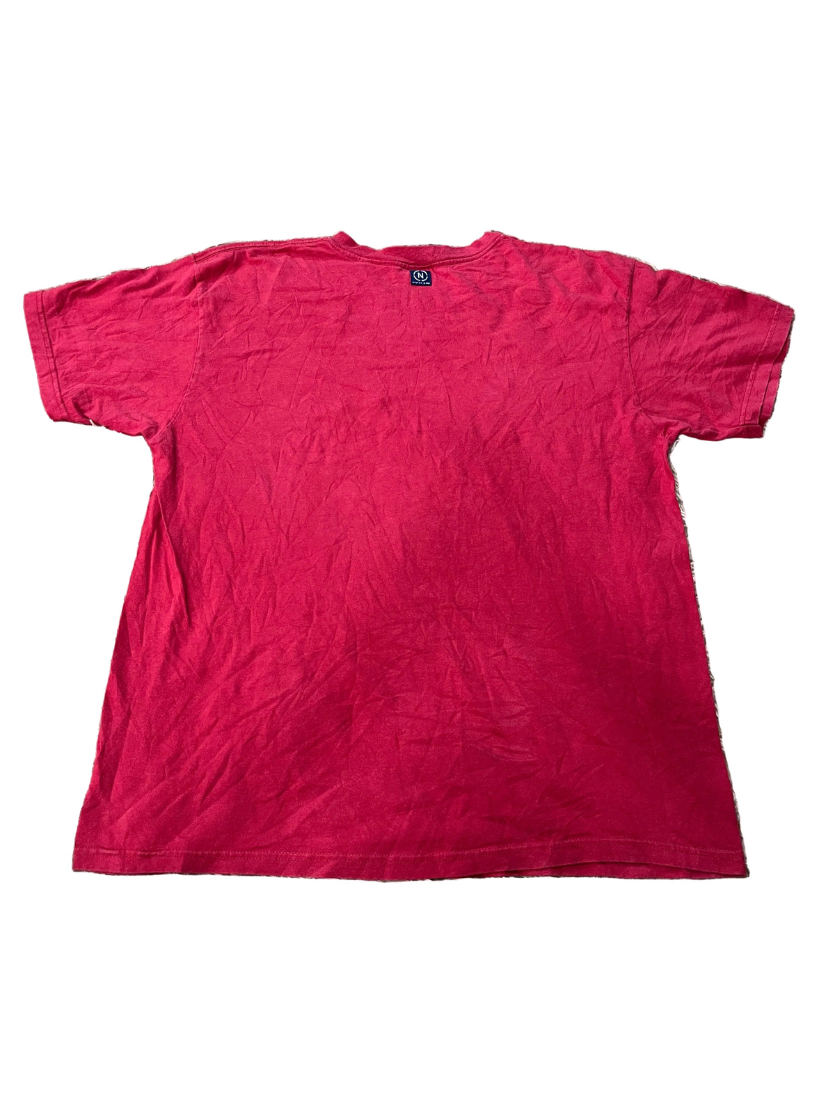 A plain red short-sleeve t-shirt \ showing the back side of the garment.
