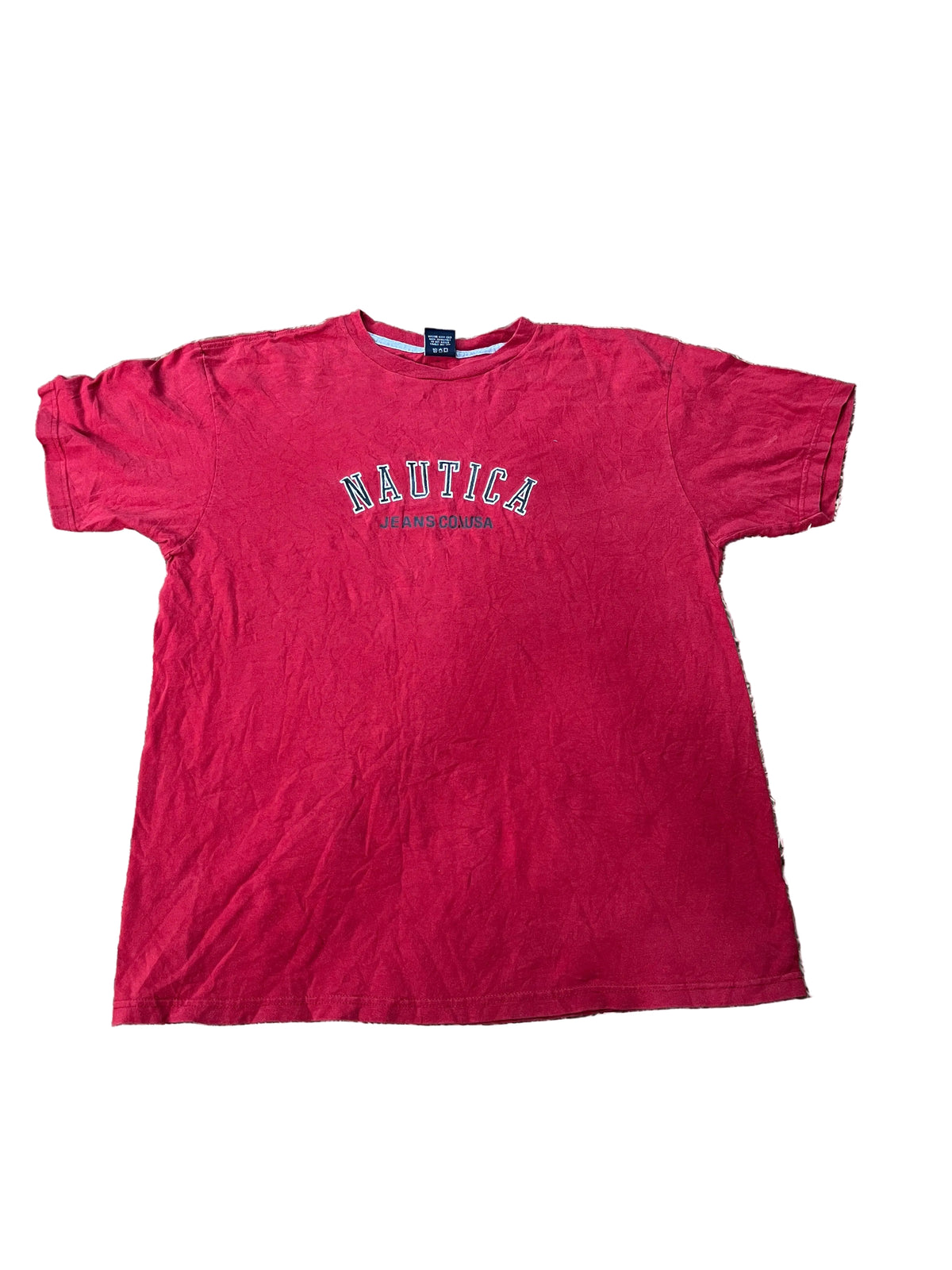 A red short-sleeve crewneck t-shirt with 'NAUTICA' printed in white arched text with a dark outline on the chest, 