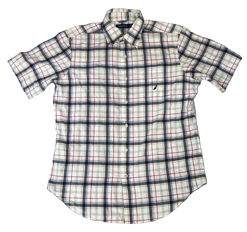 A short-sleeve button-up plaid shirt The shirt has a white base with navy and red plaid lines, and a small embroidered logo on the chest pocket.