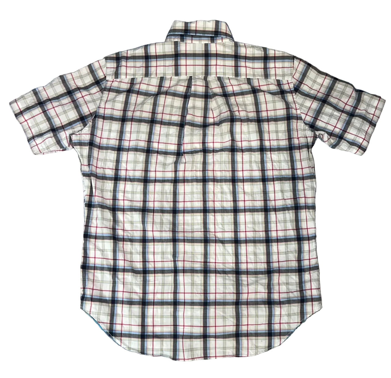 A short-sleeve plaid button-up shirt  The shirt features a white base with a black and red grid plaid pattern.