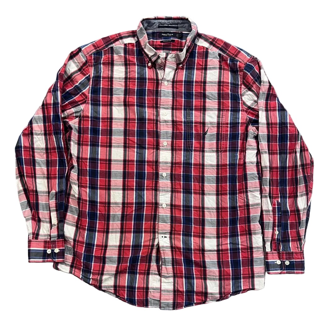 A long-sleeve button-down plaid shirt in red, navy, white, and gray,