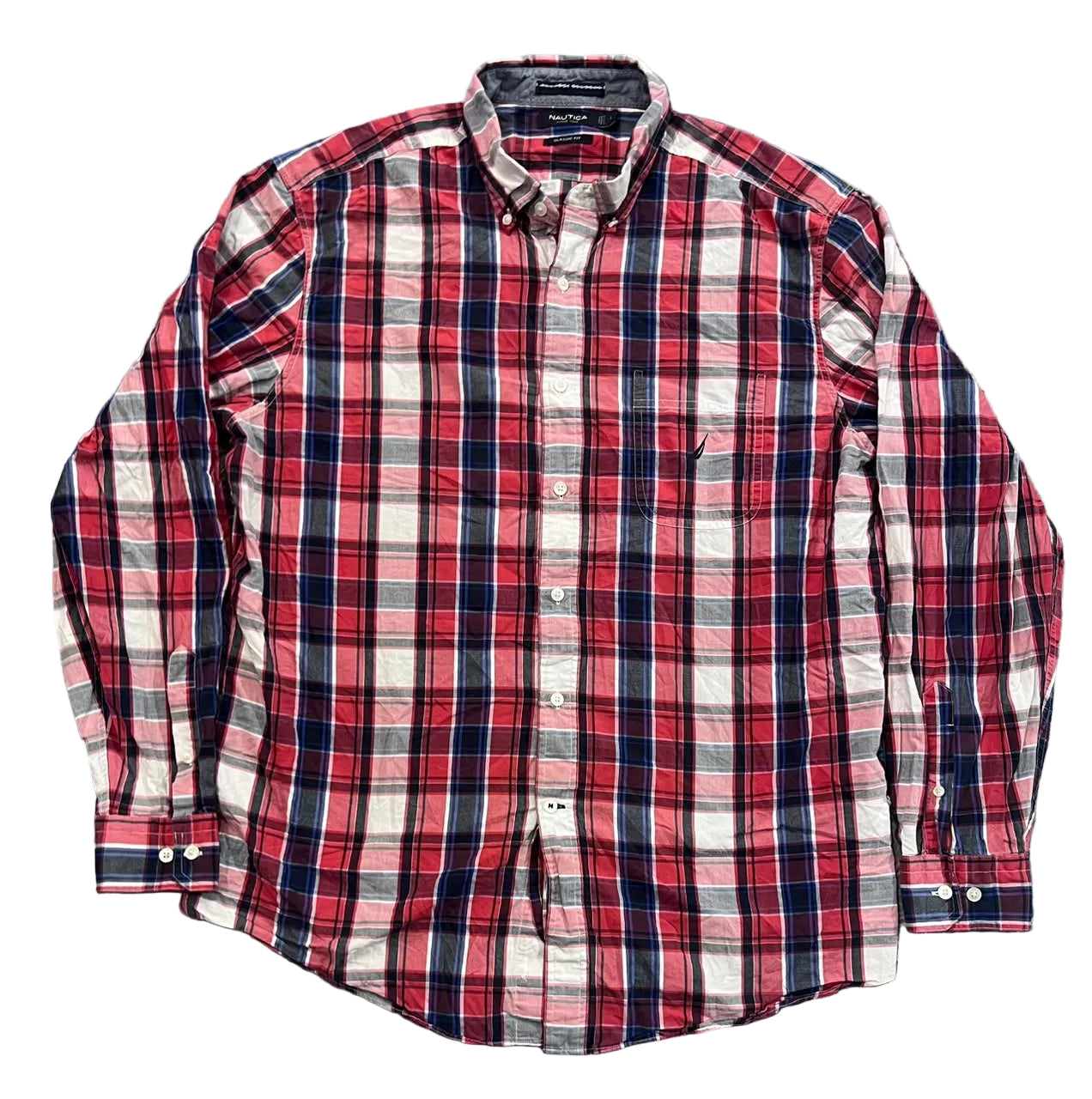 A long-sleeve button-down plaid shirt in red, navy, white, and gray,
