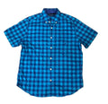 A short-sleeve button-down shirt with a blue and black gingham check pattern, 