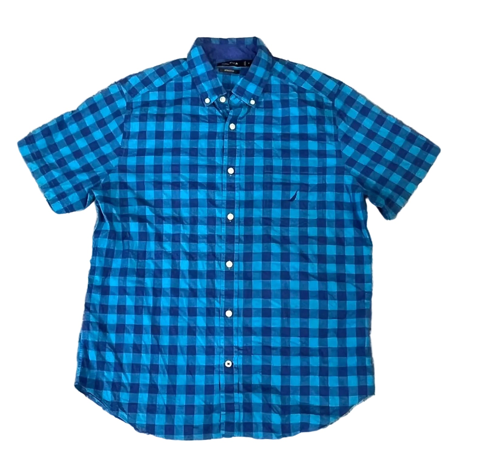A short-sleeve button-down shirt with a blue and black gingham check pattern, 