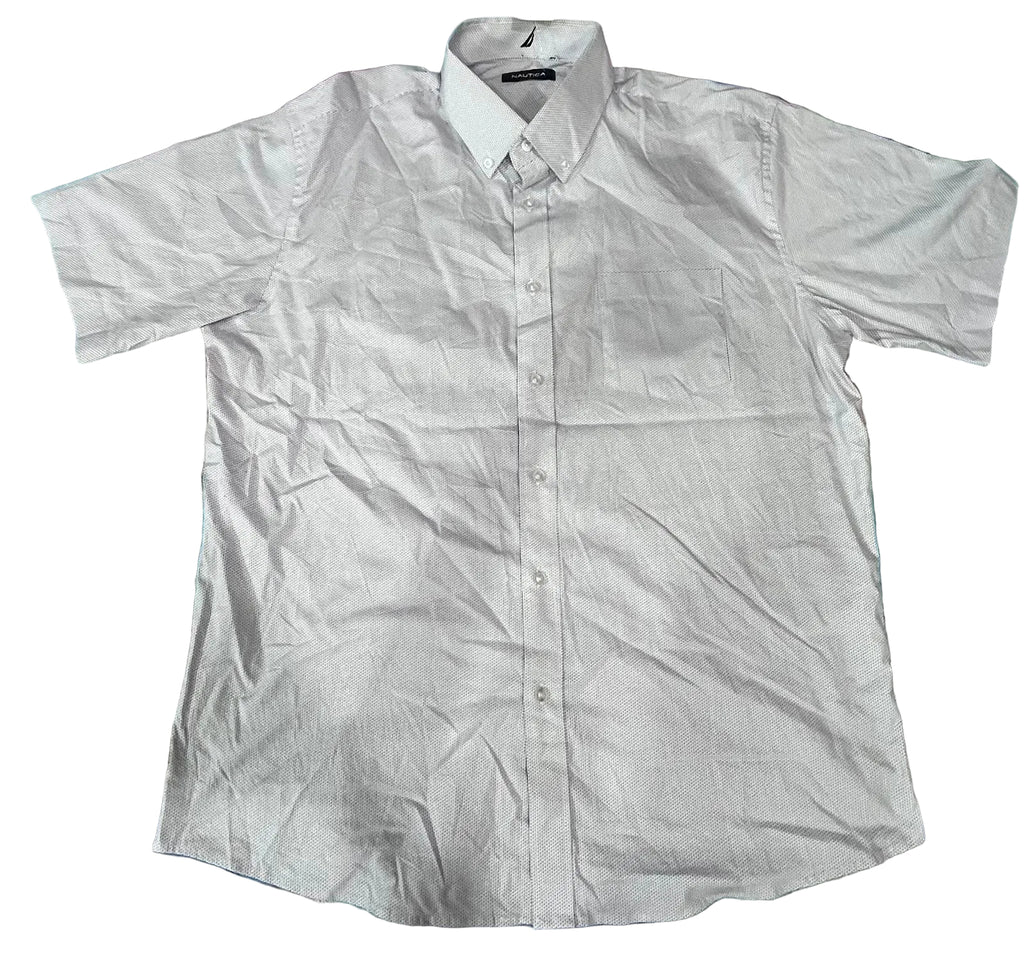 A white short-sleeve button-up shirt  The shirt has a pointed collar, a button-down front, and a chest pocket.