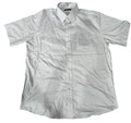 A white short-sleeve button-up shirt  The shirt has a pointed collar, a button-down front, and a chest pocket.