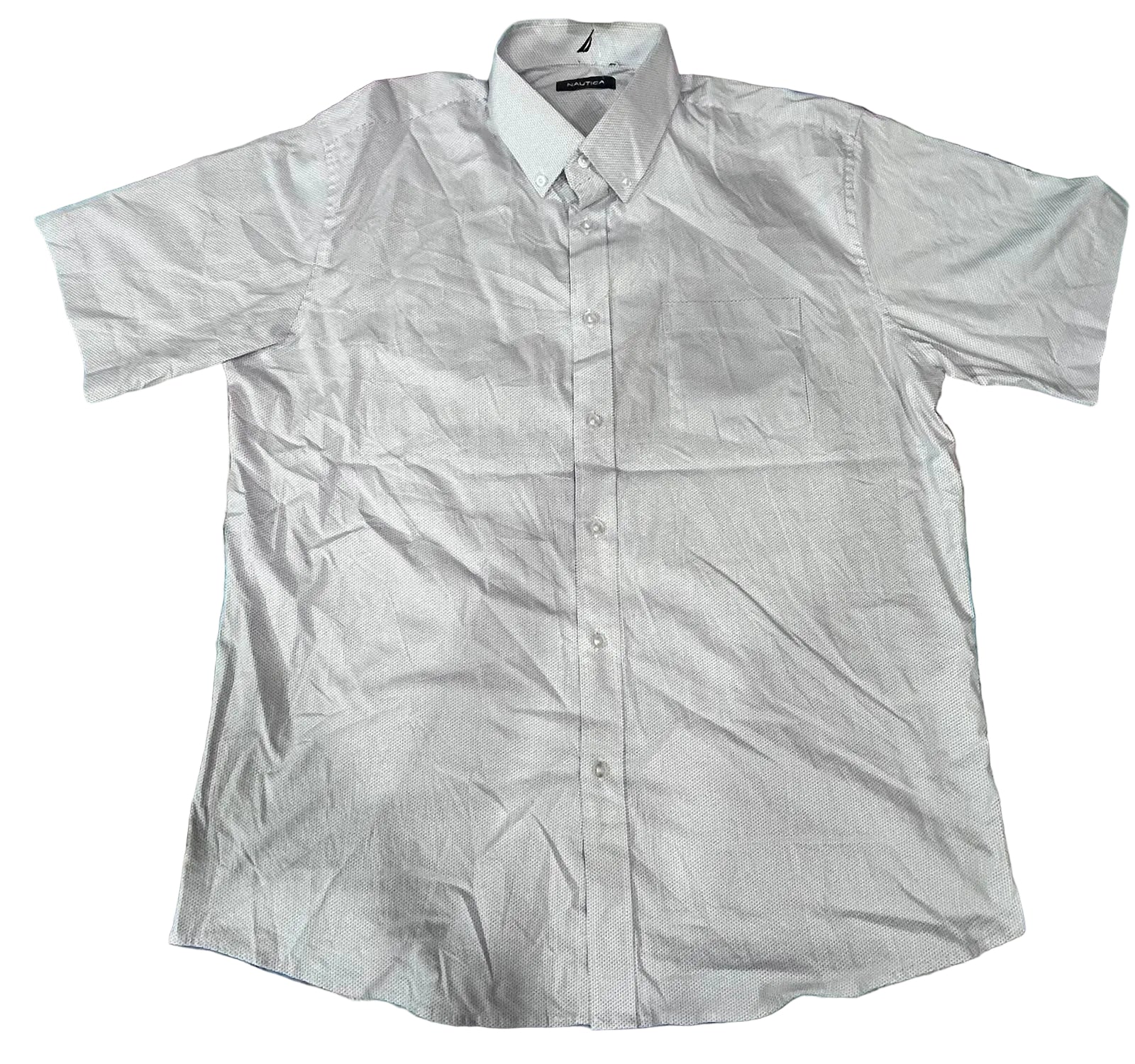 A white short-sleeve button-up shirt  The shirt has a pointed collar, a button-down front, and a chest pocket.